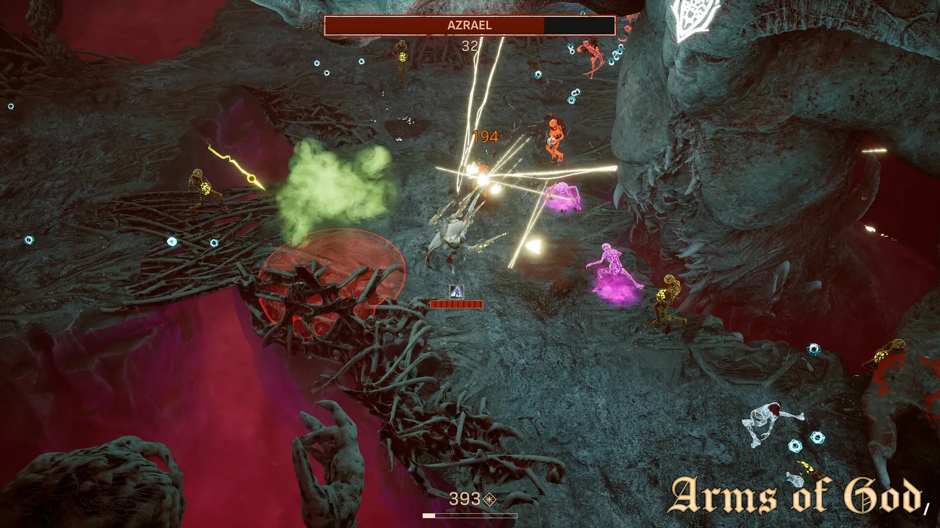 Arms of God gameplay — bullet heaven roguelite with five weapons firing simultaneously at demon hordes